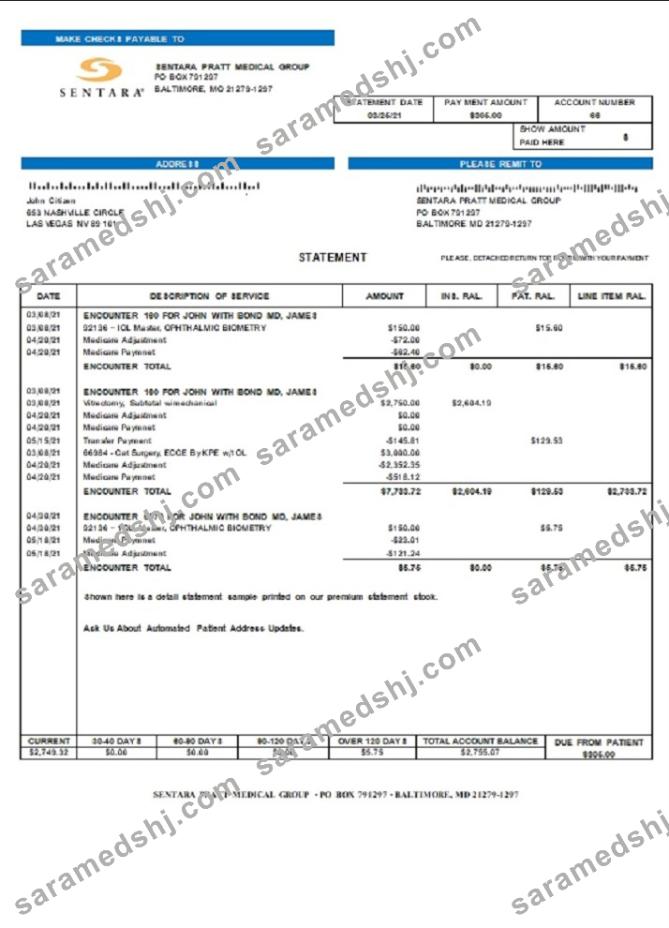 USA Sentara Pratt Medical Group billing statement